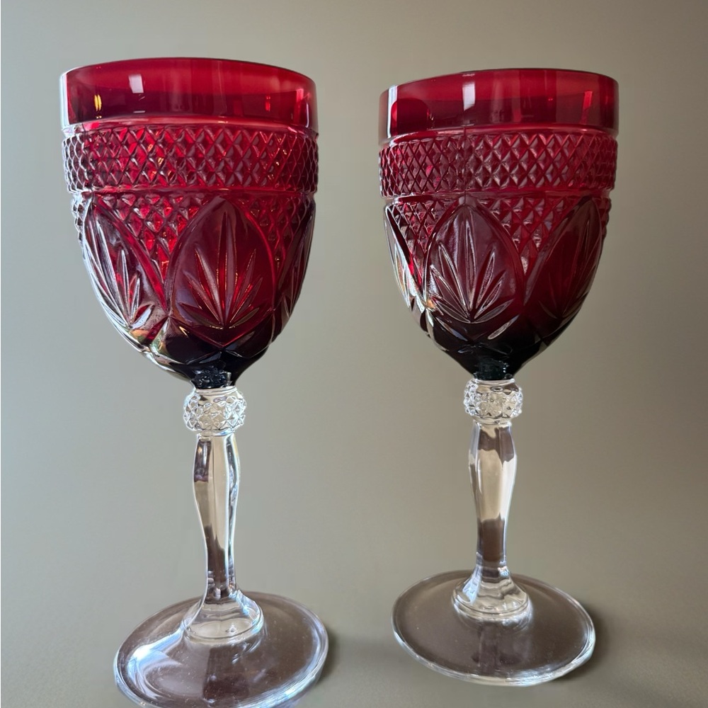 Set of 2 Vintage Ruby Red Cristal d'Arques Durand Tall Wine Glasses, Holds 8 oz